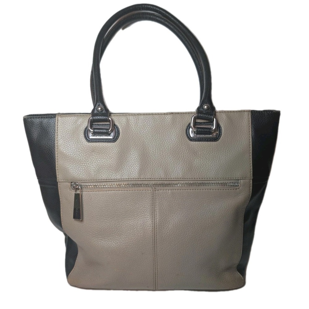 Tignanello Black Taupe Pebble Leather Purse Two Tone Beautiful Lining